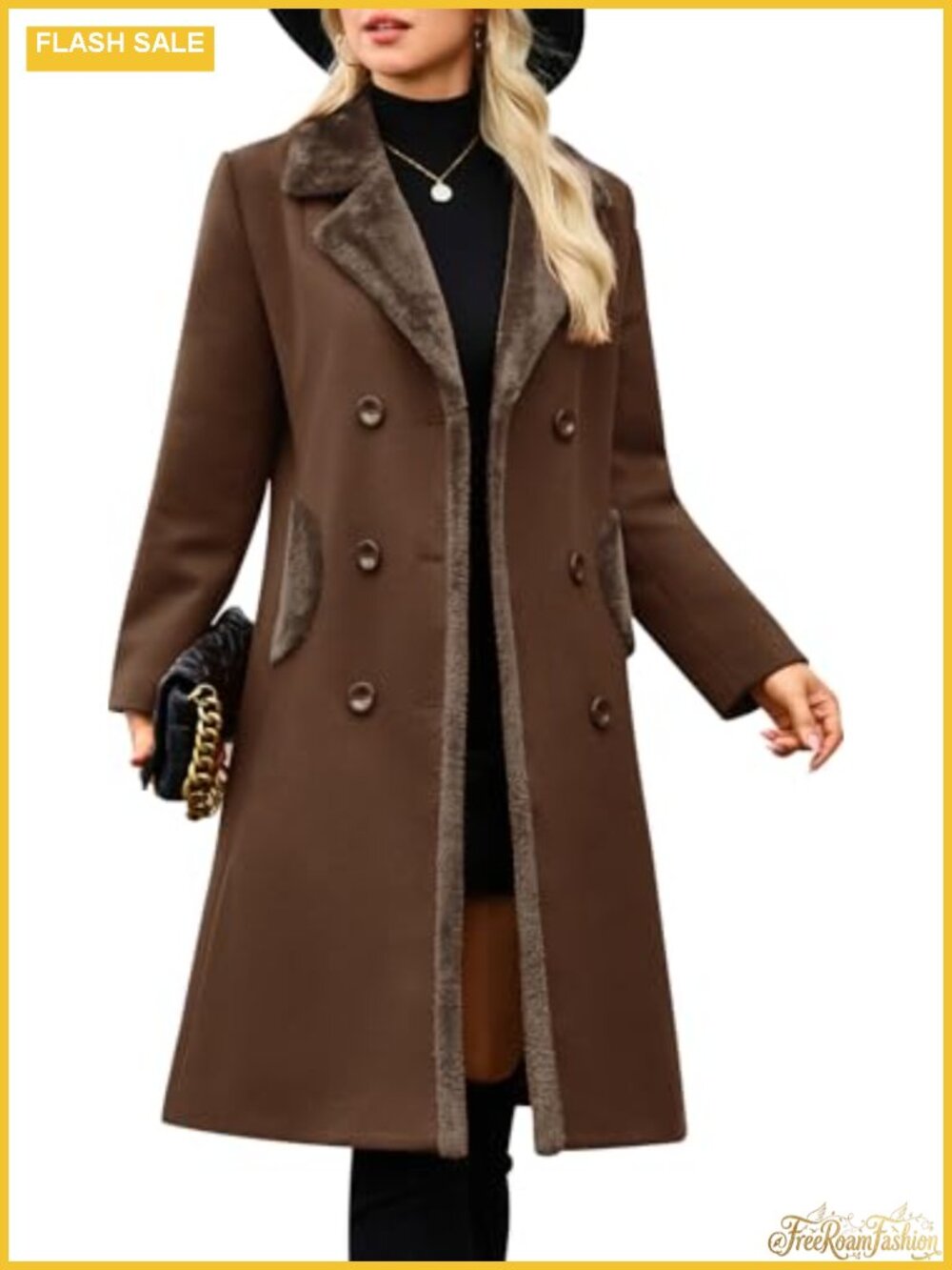 Women's Double Breasted Pea Coat Faux Fur Collar Warm Winter Long Wool Coat